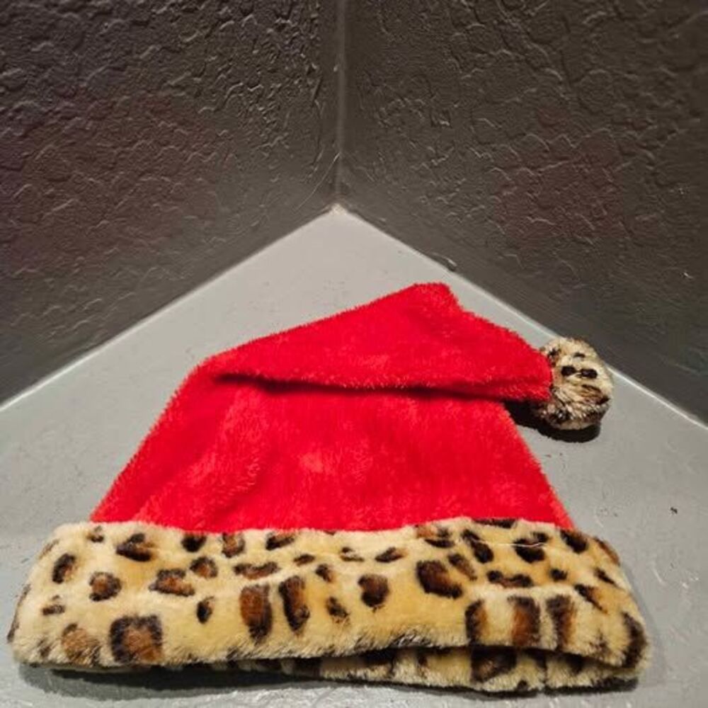 Leopard Print Trim Santa Hat